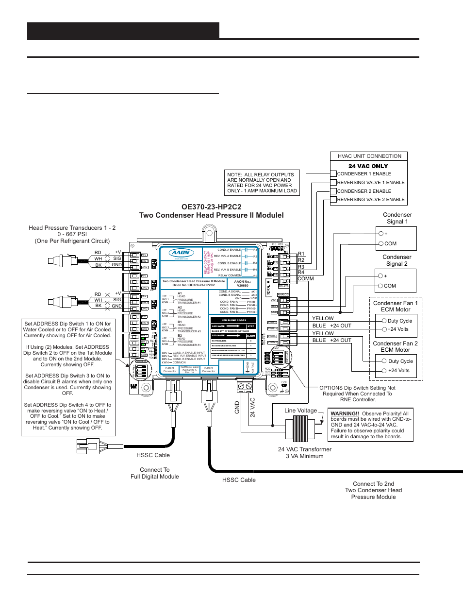 Installation and wiring, Rne modular controller field technical guide 46, Two condenser head pressure ii module | Zone, Hssc cable, Condenser signal 2, Condenser signal 1, Condenser fan 1 ecm motor, Condenser fan 2 ecm motor | Orion System RNE Modular Controller User Manual | Page 46 / 88
