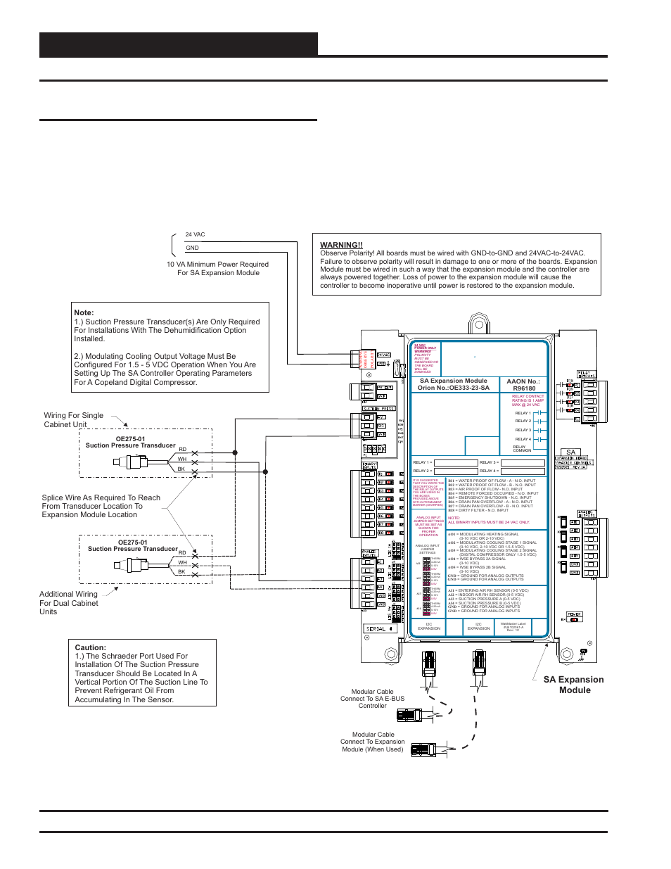 Installation & wiring, Suction pressure transducer wiring, Sa e-bus controller technical guide 22 | Suction pressure transducer, Zone, Sa expansion module, Warning | Orion System SA E-BUS Controller User Manual | Page 22 / 74