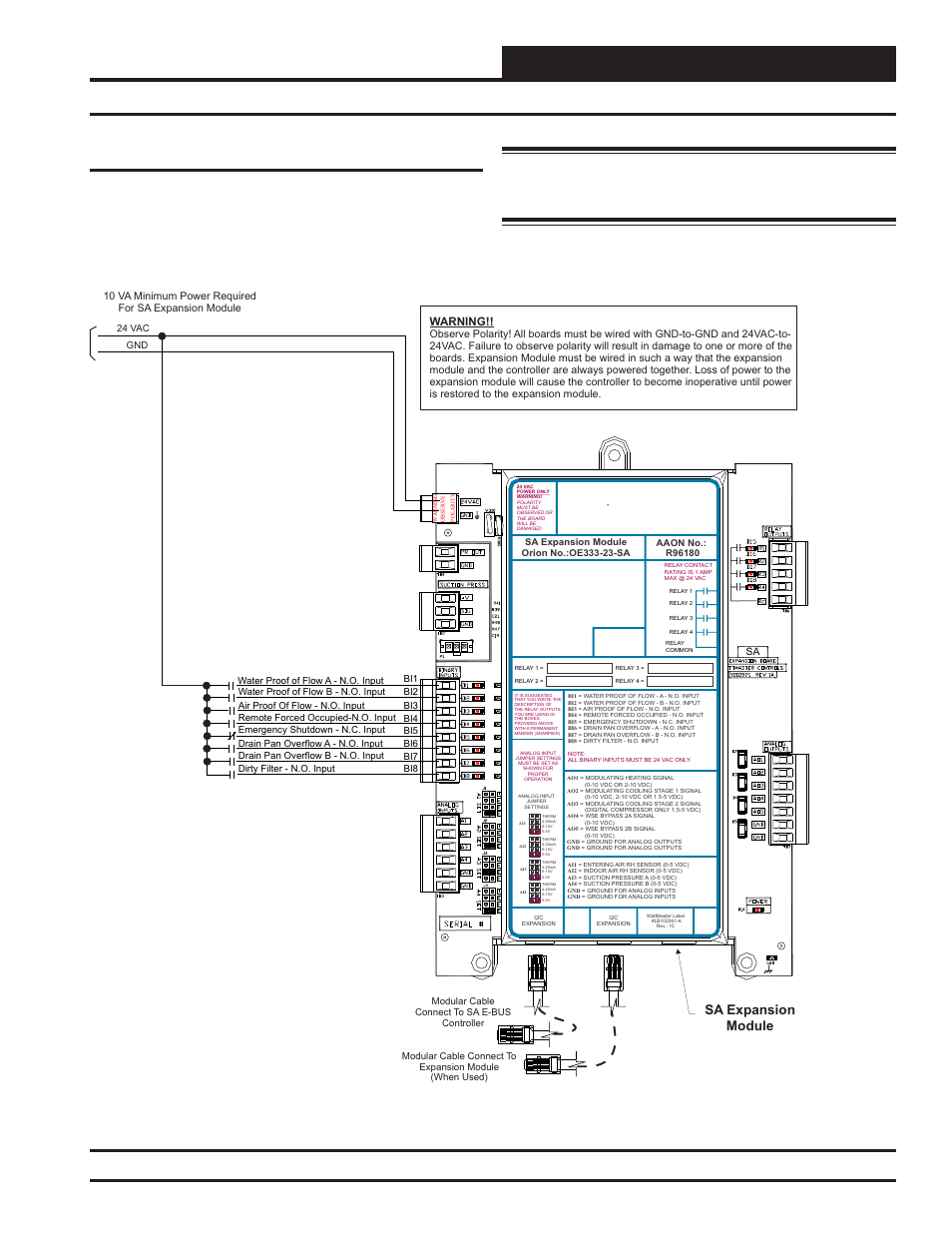 Installation & wiring, Sa expansion module binary inputs wiring, Sa e-bus controller technical guide | 23 sa expansion module binary inputs, Sa expansion module, Warning | Orion System SA E-BUS Controller User Manual | Page 23 / 74