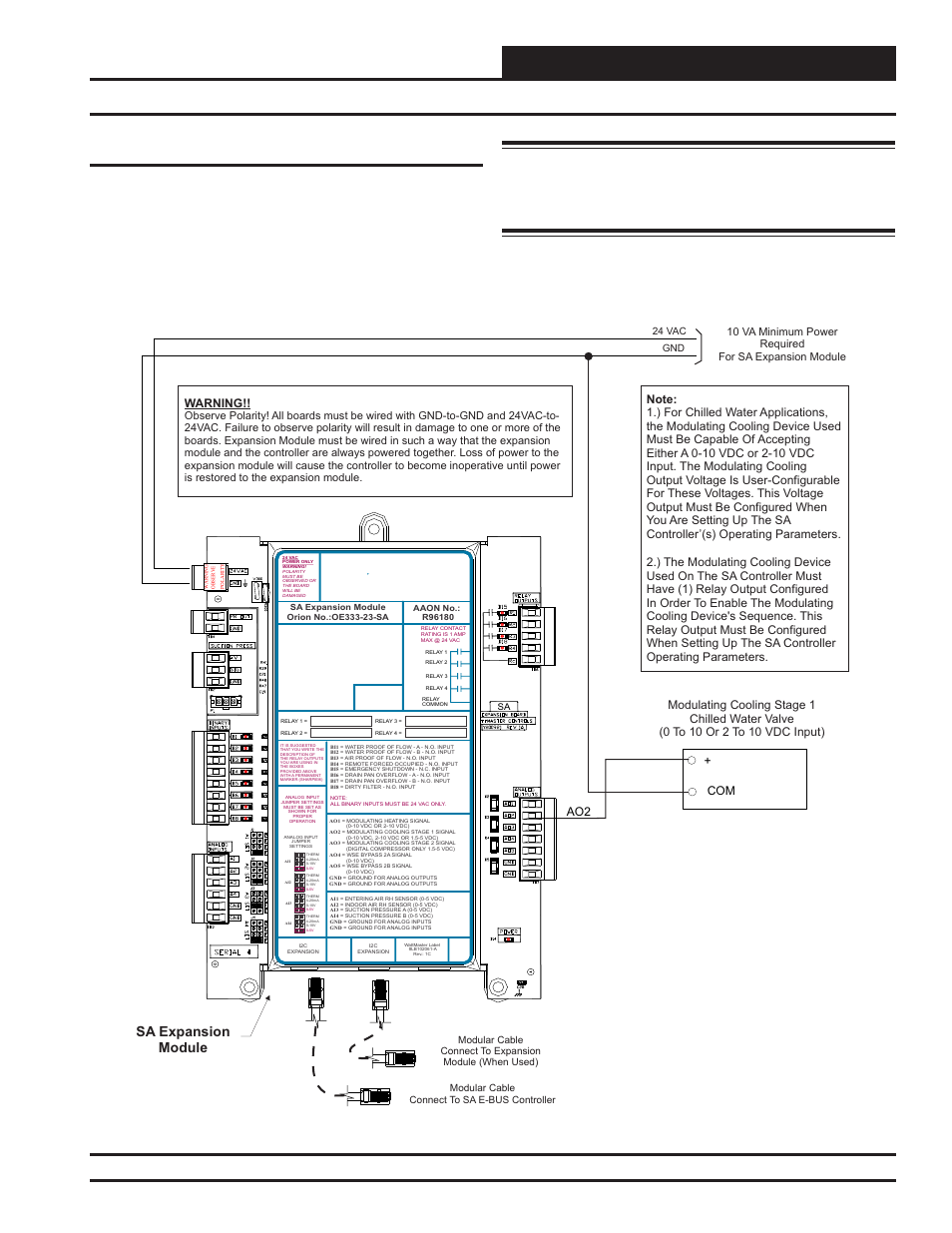 Installation & wiring, Modulating cooling device wiring, Sa e-bus controller technical guide | 27 chilled water valve, Figure 23: chilled water valve wiring, Sa expansion module, Warning | Orion System SA E-BUS Controller User Manual | Page 27 / 74