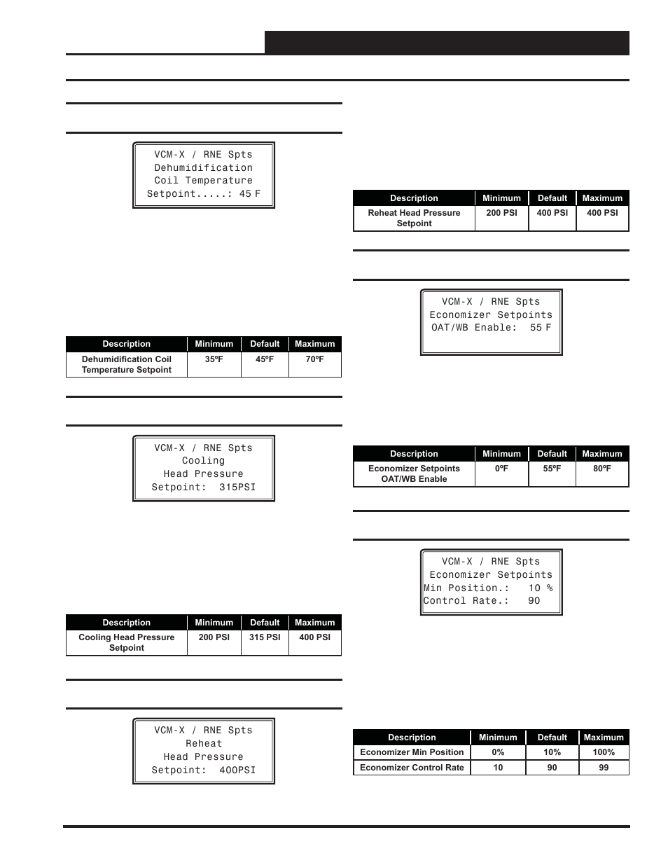 Vcm-x / rne setpoints, Vcm-x / rne setpoint screens, Vcm-x / rne operator interface sd | Orion System VCM-X/RNE Controller User Manual | Page 49 / 92
