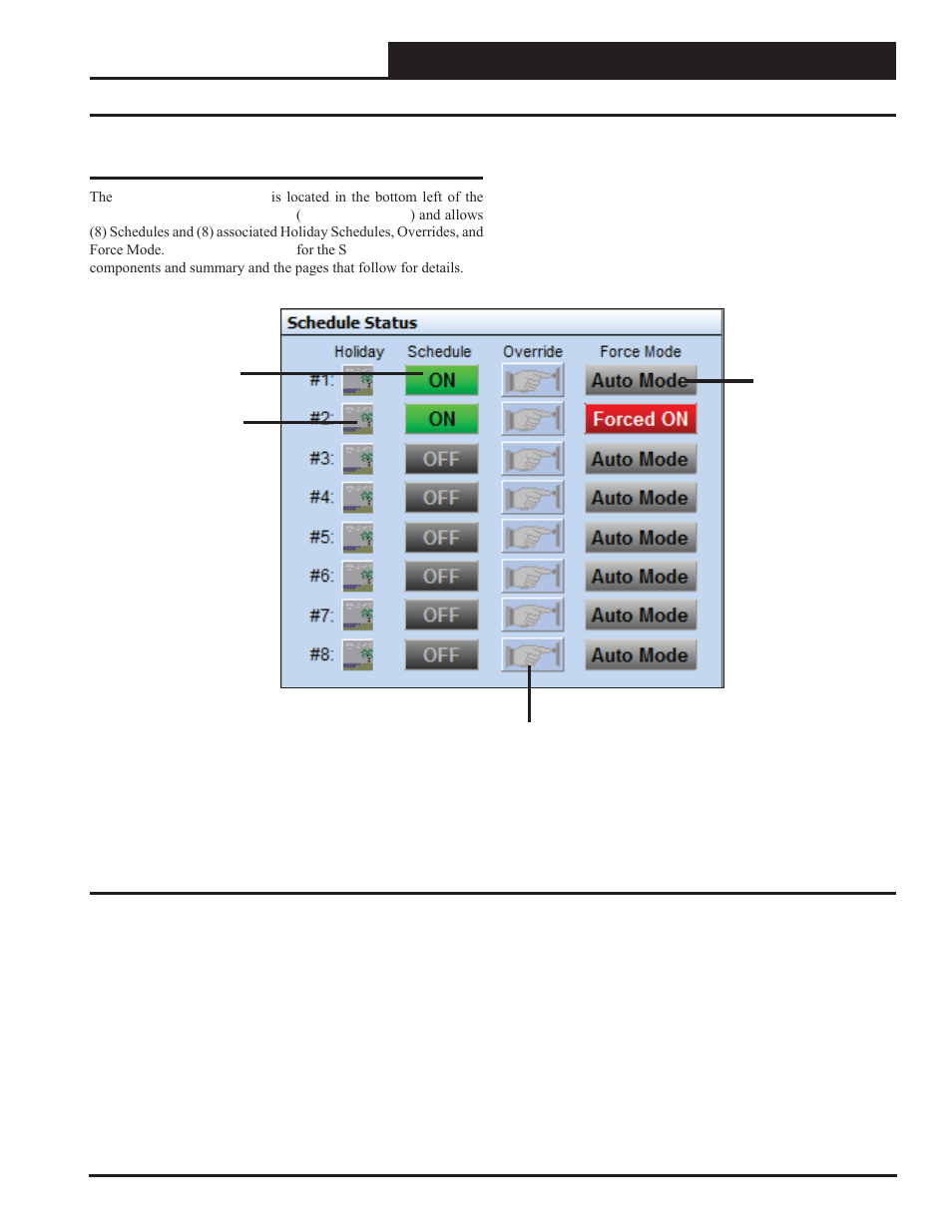 Schedules window components and navigation | Orion System GPC-XP Controller User Manual | Page 35 / 60