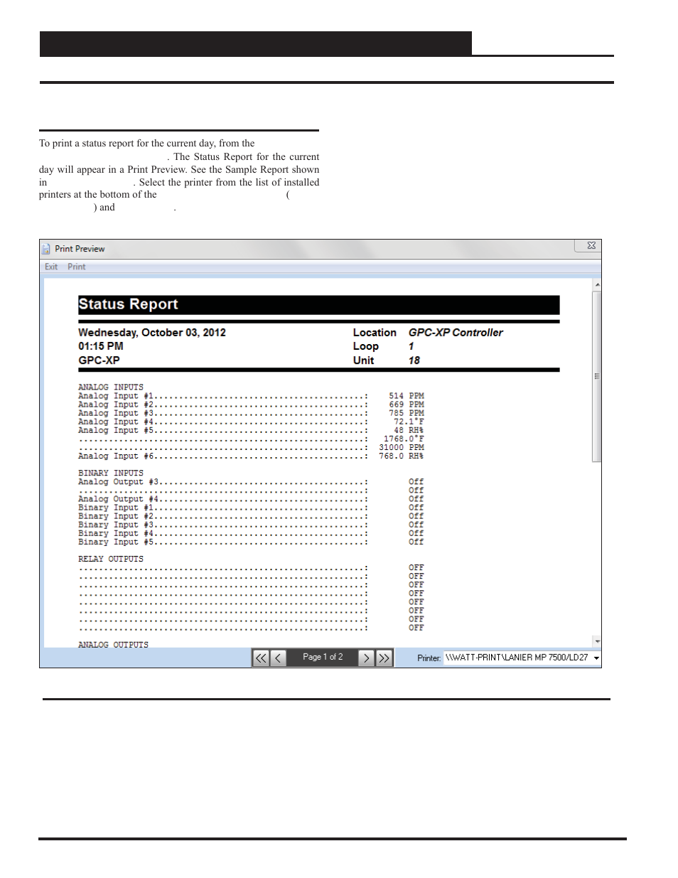 Appendix a, Status report example | Orion System GPC-XP Controller User Manual | Page 50 / 60