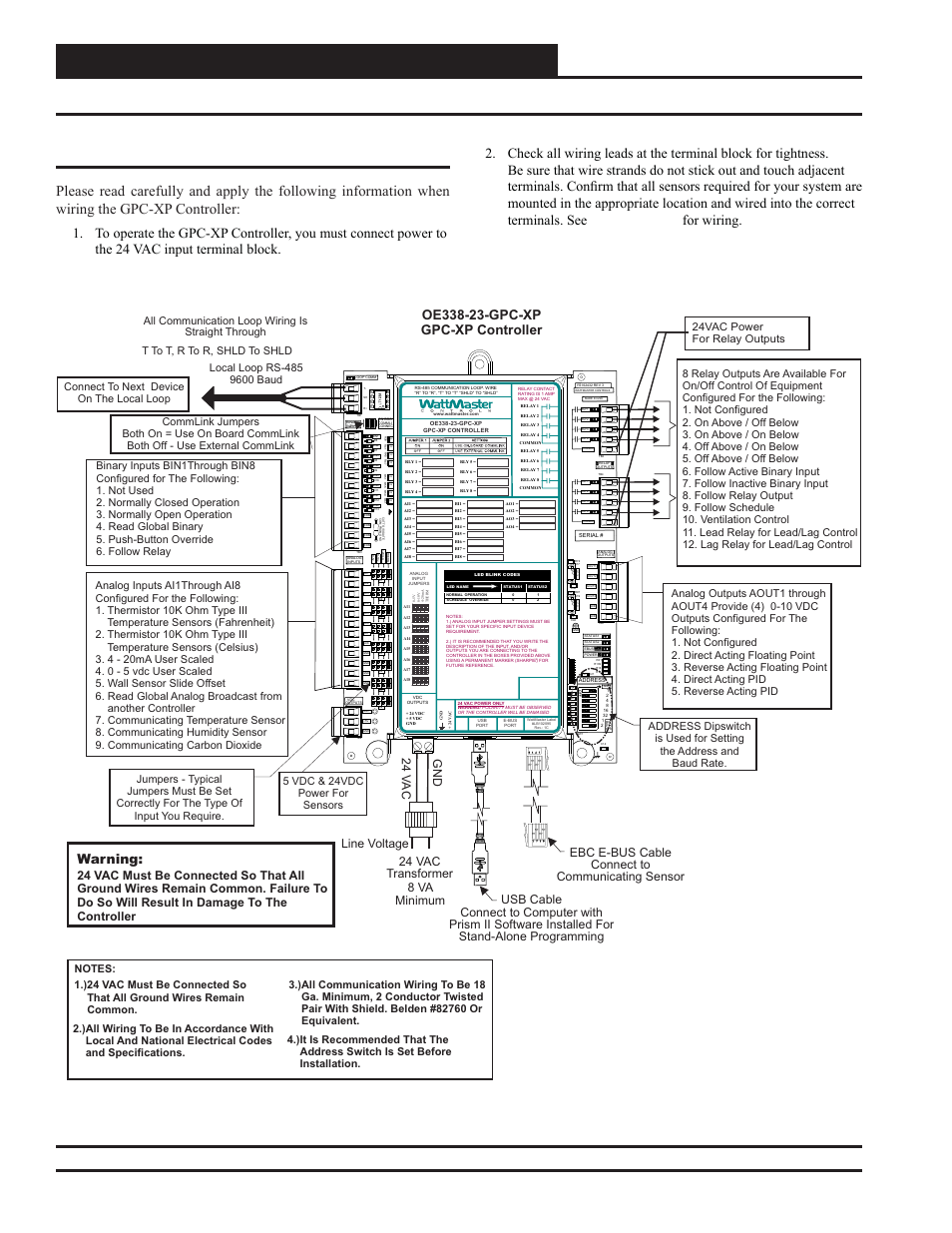 Installation & wiring, Figure 2: gpc-xp controller wiring diagram, Ao ut 1 -2 | Warning, Line voltage, All communication loop wiring is straight through | Orion System GPC-XP Controller User Manual | Page 6 / 60