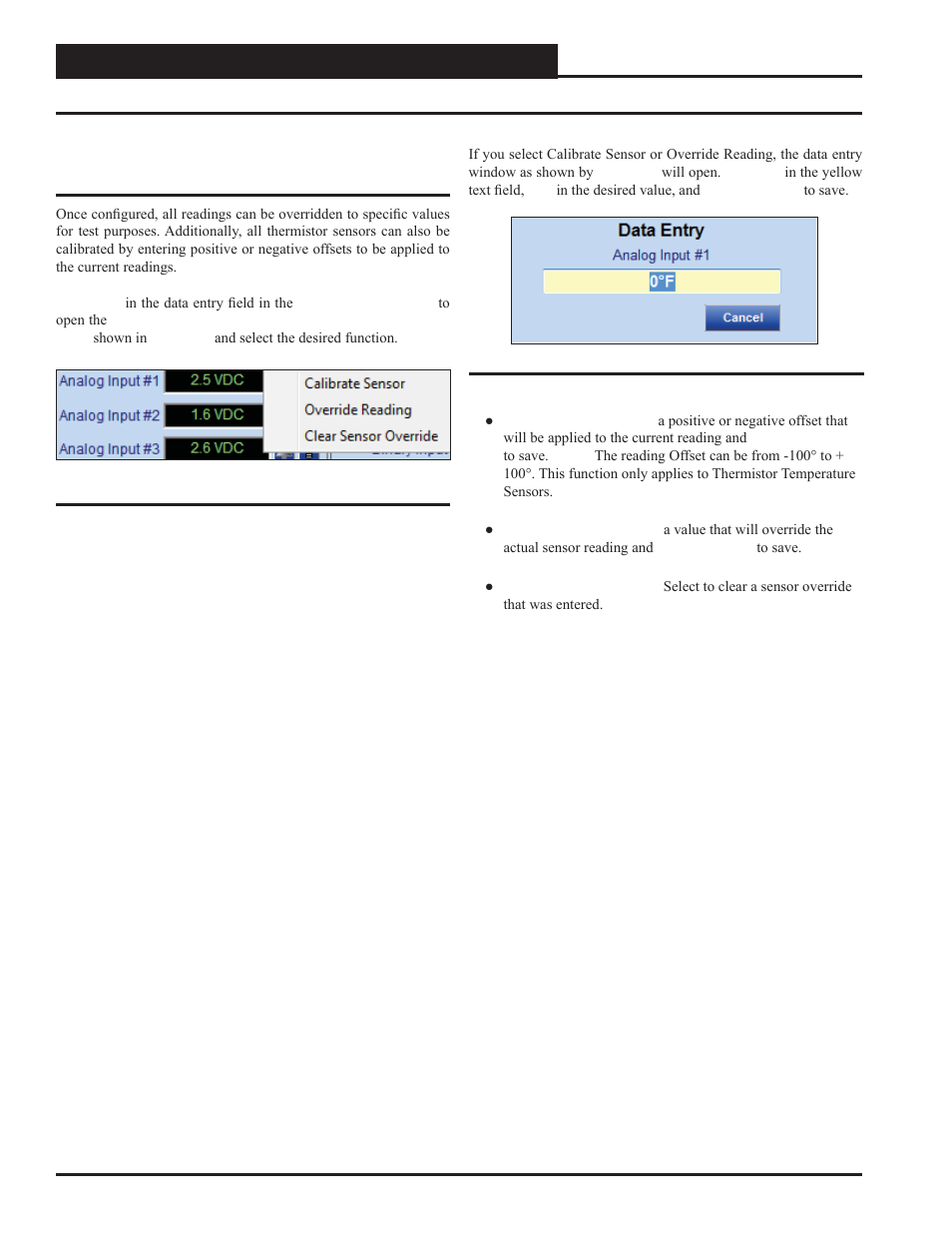 Calibrate, override, and clear sensor override | Orion System Lead Controller User Manual | Page 16 / 56