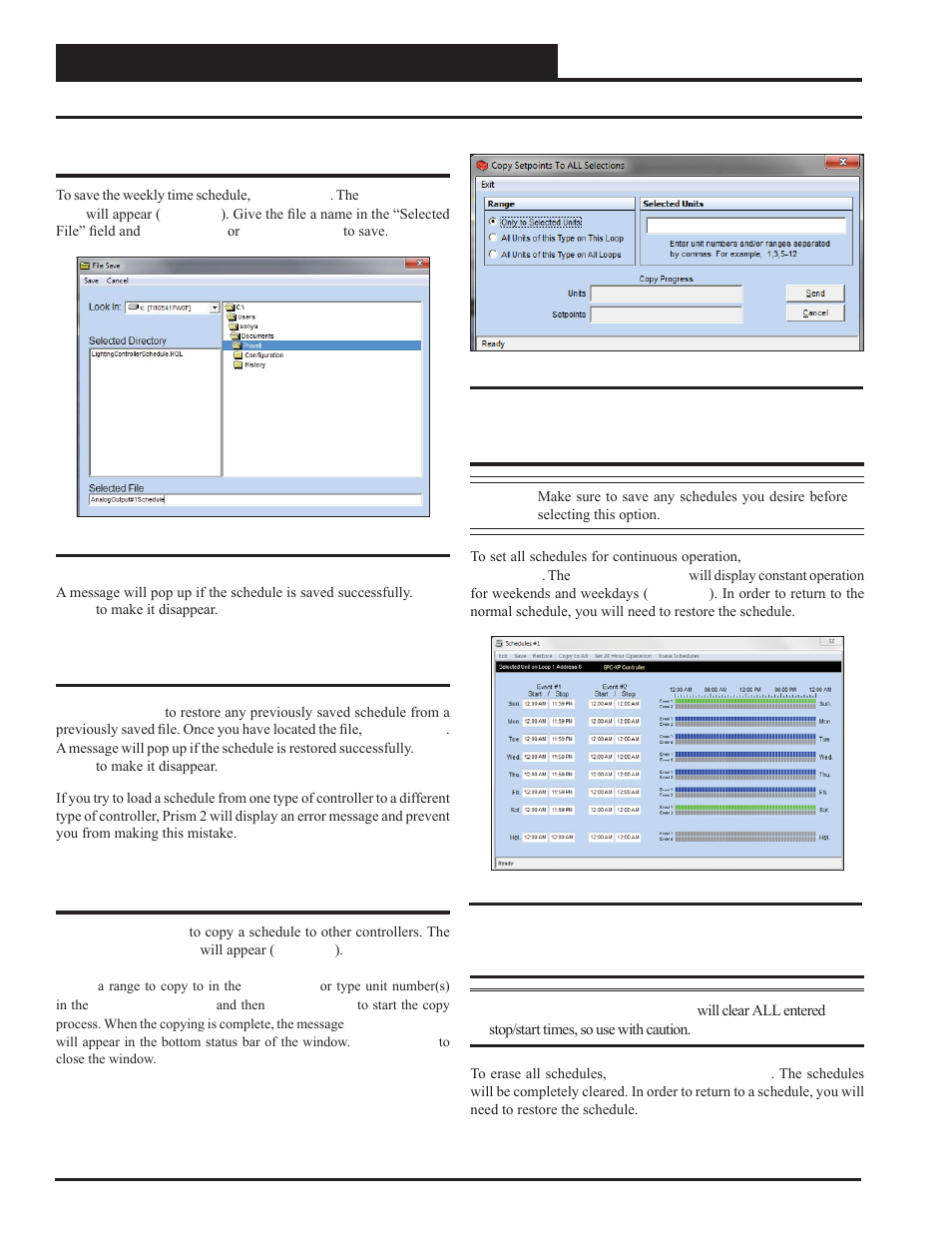 Saving, restoring, copying schedules, Lead/lag controller technical guide 34, Saving schedules | Restoring schedules, Copying schedules, Set 24 hour operation, Erase schedules | Orion System Lead Controller User Manual | Page 34 / 56