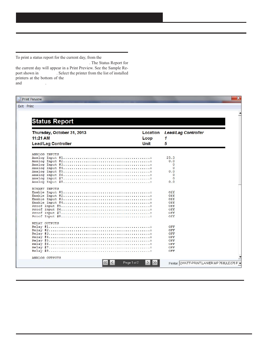 Status report example | Orion System Lead Controller User Manual | Page 40 / 56