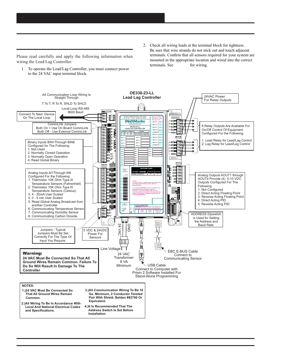 Installation & wiring, Figure 2: lead/lag controller wiring diagram, Ao ut 1 -2 | Warning, Line voltage, All communication loop wiring is straight through | Orion System Lead Controller User Manual | Page 6 / 56