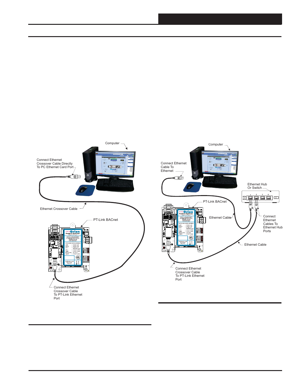 Pt-link configuration, 2 pt-link ii ethernet connection, Pt-link ii bacnet3 interface | Figure 5: connecting with ethernet cable & hub, Figure 4: connecting with crossover cable | Orion System PT-Link II BACnet3 User Manual | Page 9 / 72