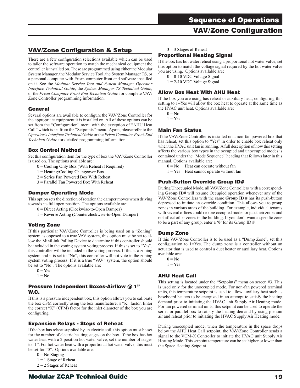 Vav/zone configuration, Vav/zone configuration & setup, Sequence of operations | 19 modular zcap technical guide | Orion System Modular VAV/Zone Controller User Manual | Page 19 / 36