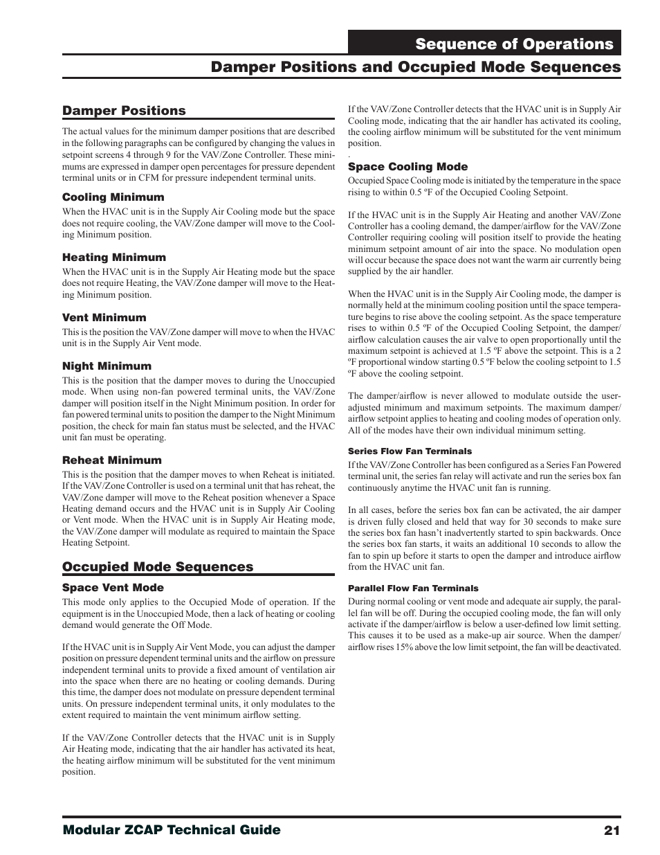 Damper positions, Occupied mode sequences, Damper positions and occupied mode sequences | Sequence of operations, 21 modular zcap technical guide | Orion System Modular VAV/Zone Controller User Manual | Page 21 / 36