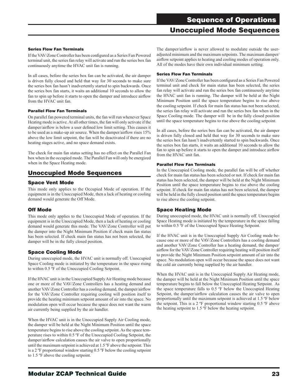 Unoccupied mode sequences, Sequence of operations, 23 modular zcap technical guide | Orion System Modular VAV/Zone Controller User Manual | Page 23 / 36