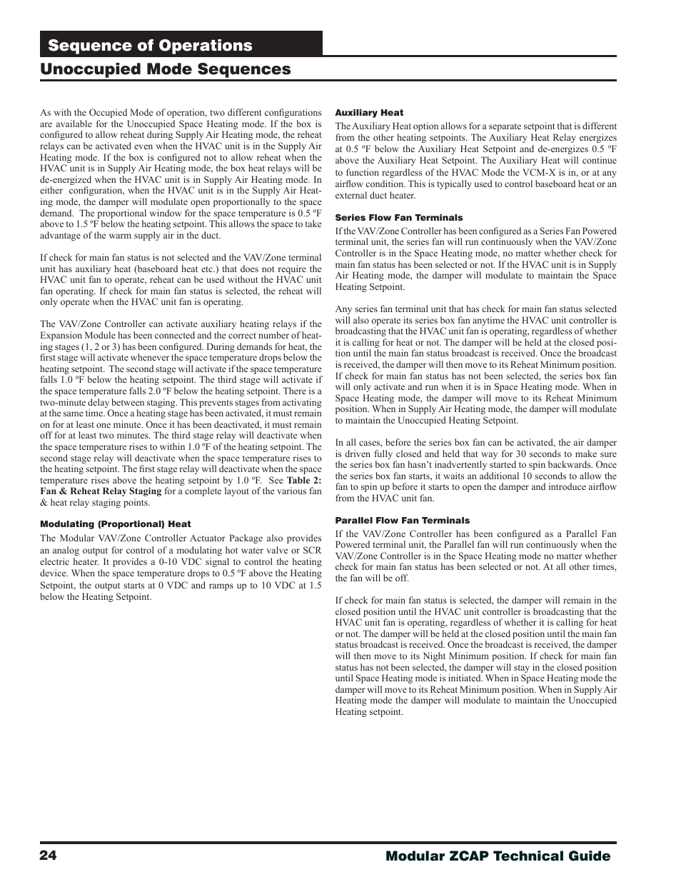 Unoccupied mode sequences, Sequence of operations, 24 modular zcap technical guide | Orion System Modular VAV/Zone Controller User Manual | Page 24 / 36