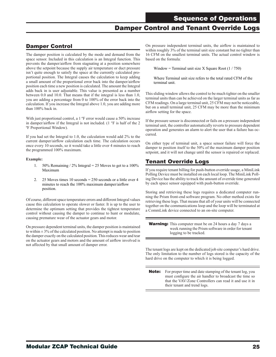 Damper control, Tenant override logs, Damper control and tenant override logs | Sequence of operations, 25 modular zcap technical guide | Orion System Modular VAV/Zone Controller User Manual | Page 25 / 36