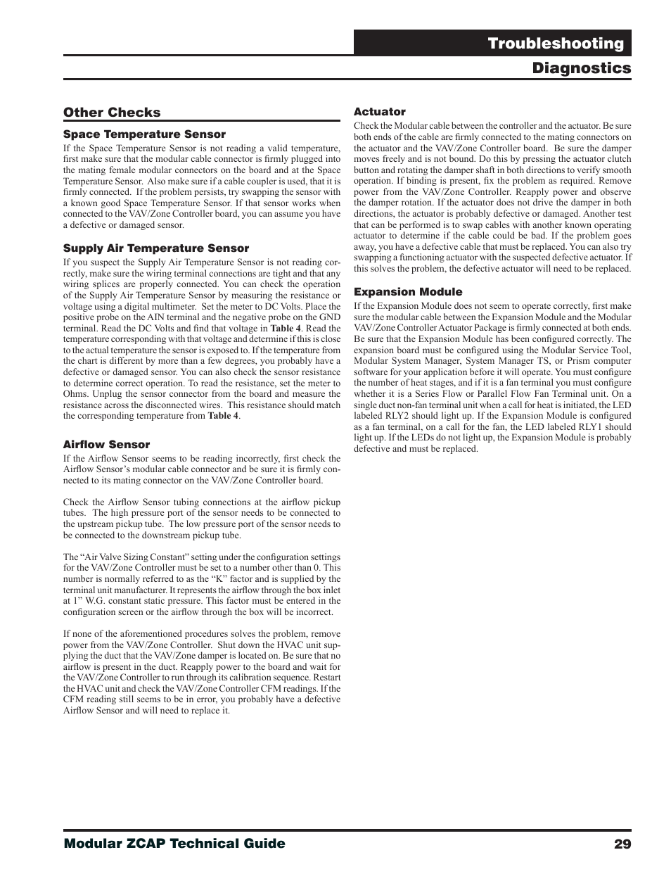 Other checks, Diagnostics, Troubleshooting | 29 modular zcap technical guide | Orion System Modular VAV/Zone Controller User Manual | Page 29 / 36