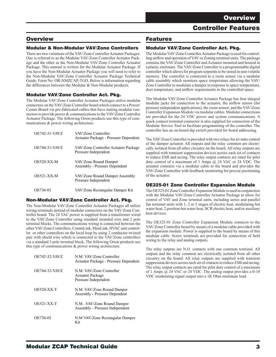 Controller features, Overview, Features | 3modular zcap technical guide | Orion System Modular VAV/Zone Controller User Manual | Page 3 / 36