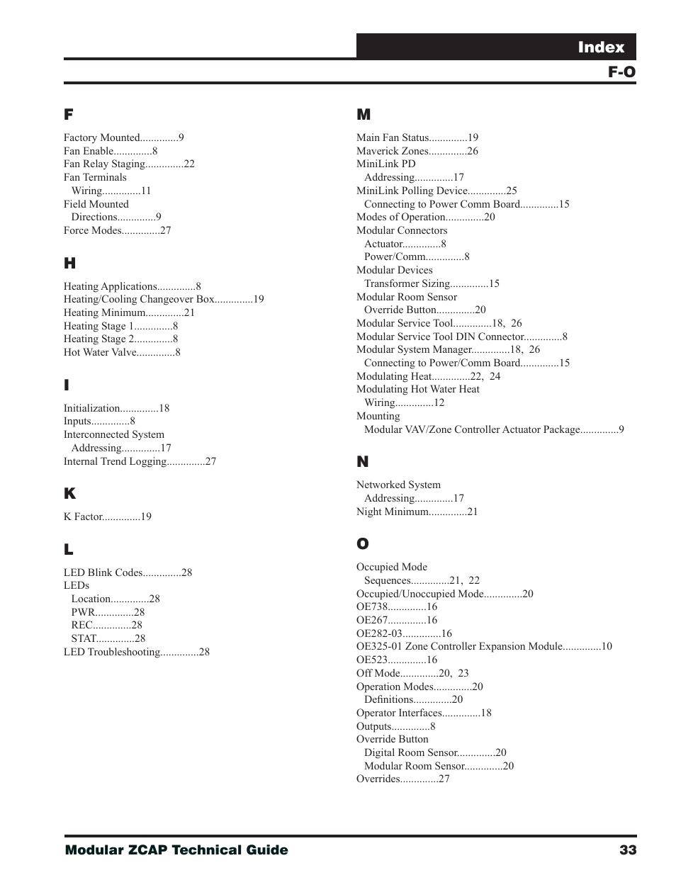 Index | Orion System Modular VAV/Zone Controller User Manual | Page 33 / 36