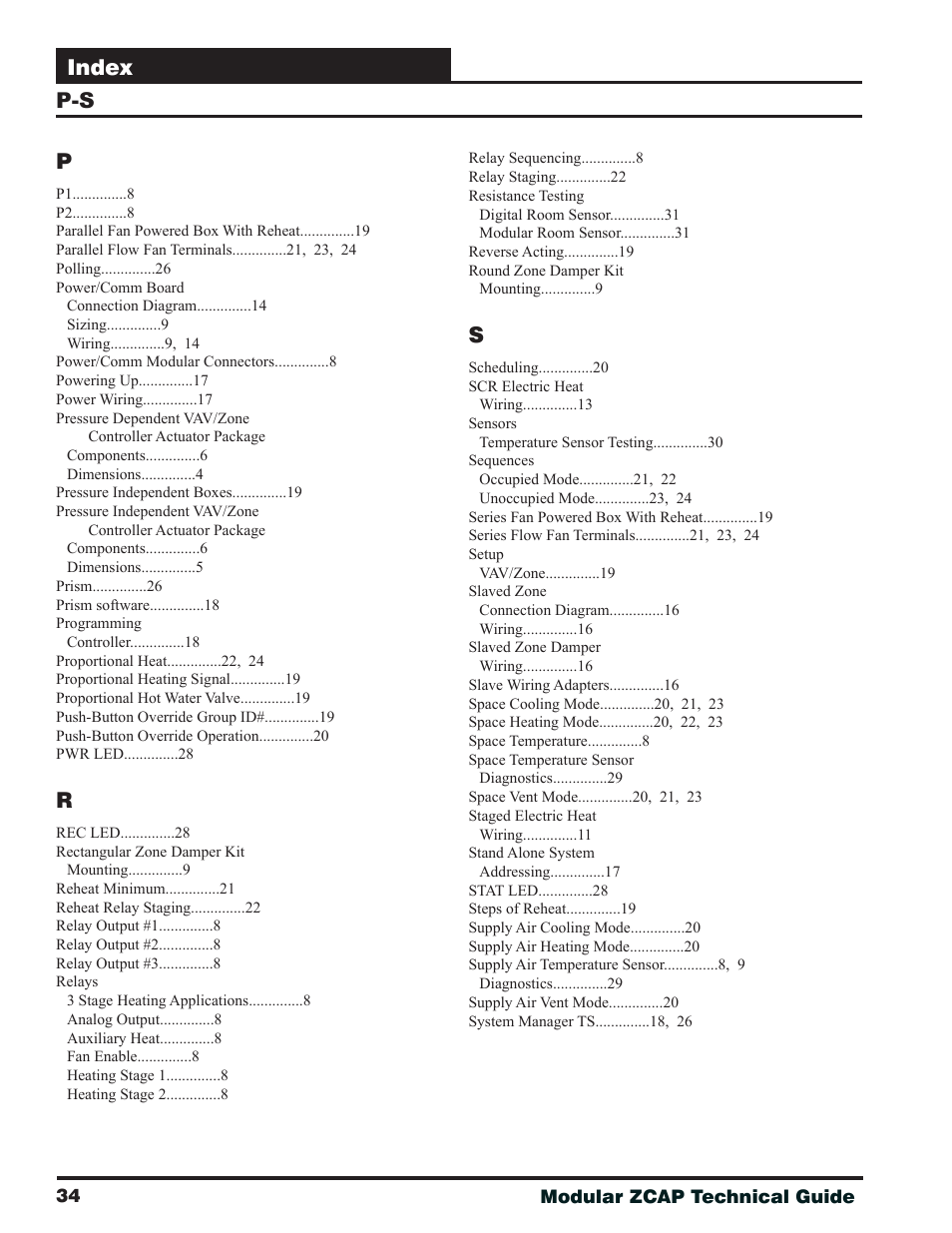 P-s p, Index | Orion System Modular VAV/Zone Controller User Manual | Page 34 / 36