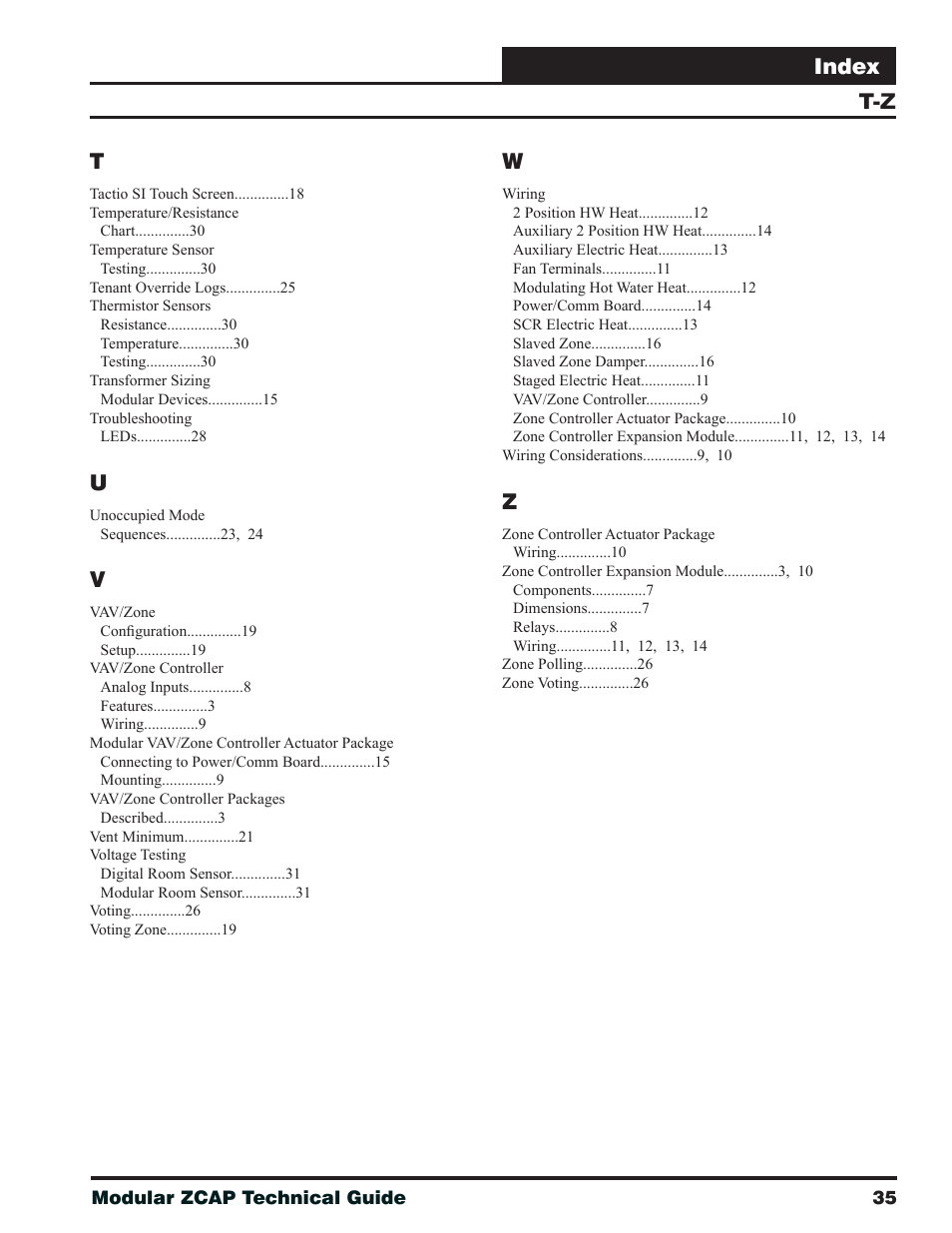 T-z t, Index | Orion System Modular VAV/Zone Controller User Manual | Page 35 / 36
