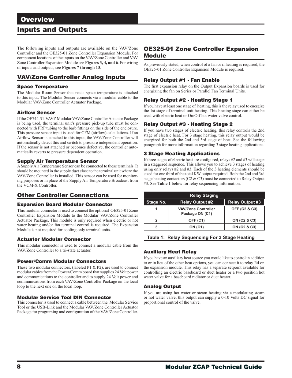 Inputs and outputs, Vav/zone controller analog inputs, Other controller connections | Oe325-01 zone controller expansion module, Overview, 8modular zcap technical guide | Orion System Modular VAV/Zone Controller User Manual | Page 8 / 36
