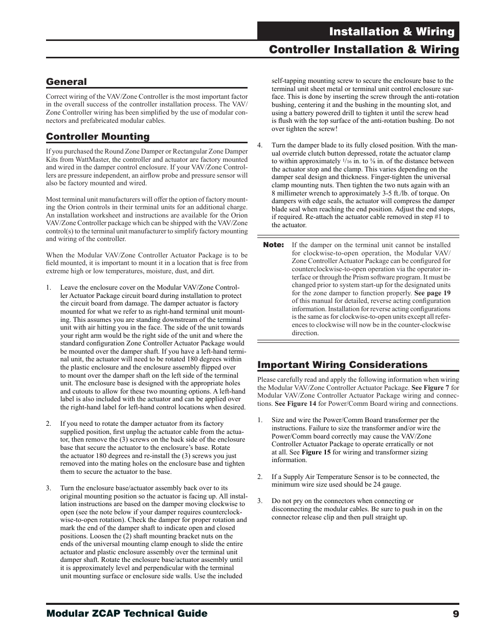 Controller installation & wiring, General, Controller mounting | Important wiring considerations, Installation & wiring, 9modular zcap technical guide | Orion System Modular VAV/Zone Controller User Manual | Page 9 / 36
