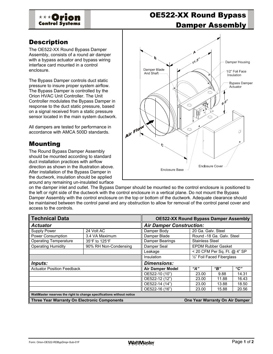 Orion-oe522-rdbypdmpr-sub-01e, Oe522-xx round bypass damper assembly, Description | Mounting | Orion System OE742-XX-VAVZ User Manual | Page 16 / 40