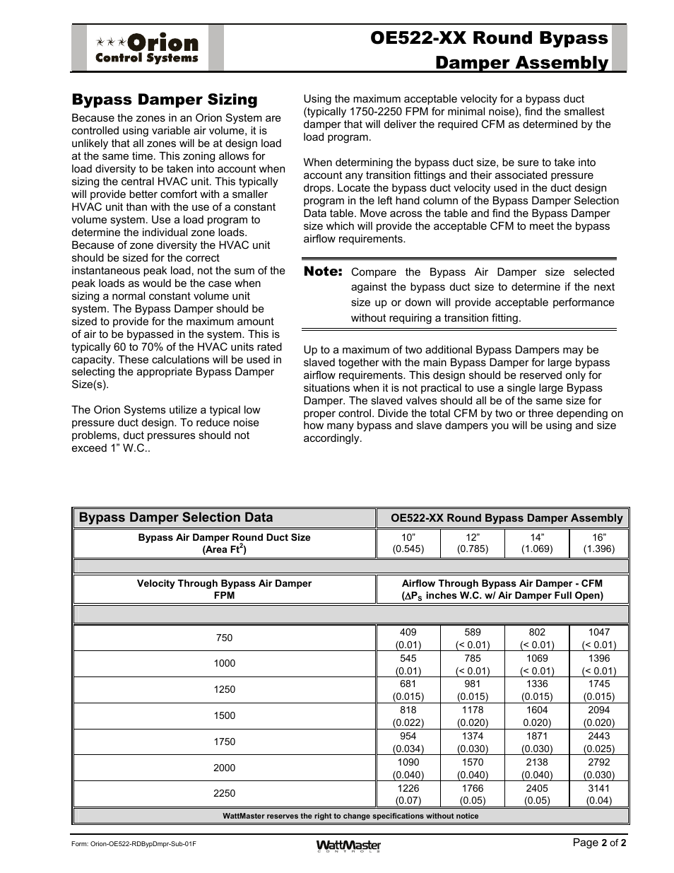 Oe522-xx round bypass damper assembly, Bypass damper sizing, Bypass damper selection data | Orion System OE742-XX-VAVZ User Manual | Page 17 / 40