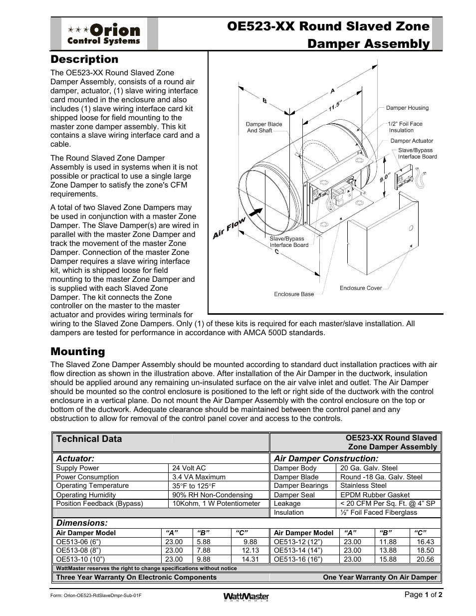 Orion-oe523-rdslavedmpr-sub-01e, Oe523-xx round slaved zone damper assembly, Description | Mounting | Orion System OE742-XX-VAVZ User Manual | Page 18 / 40