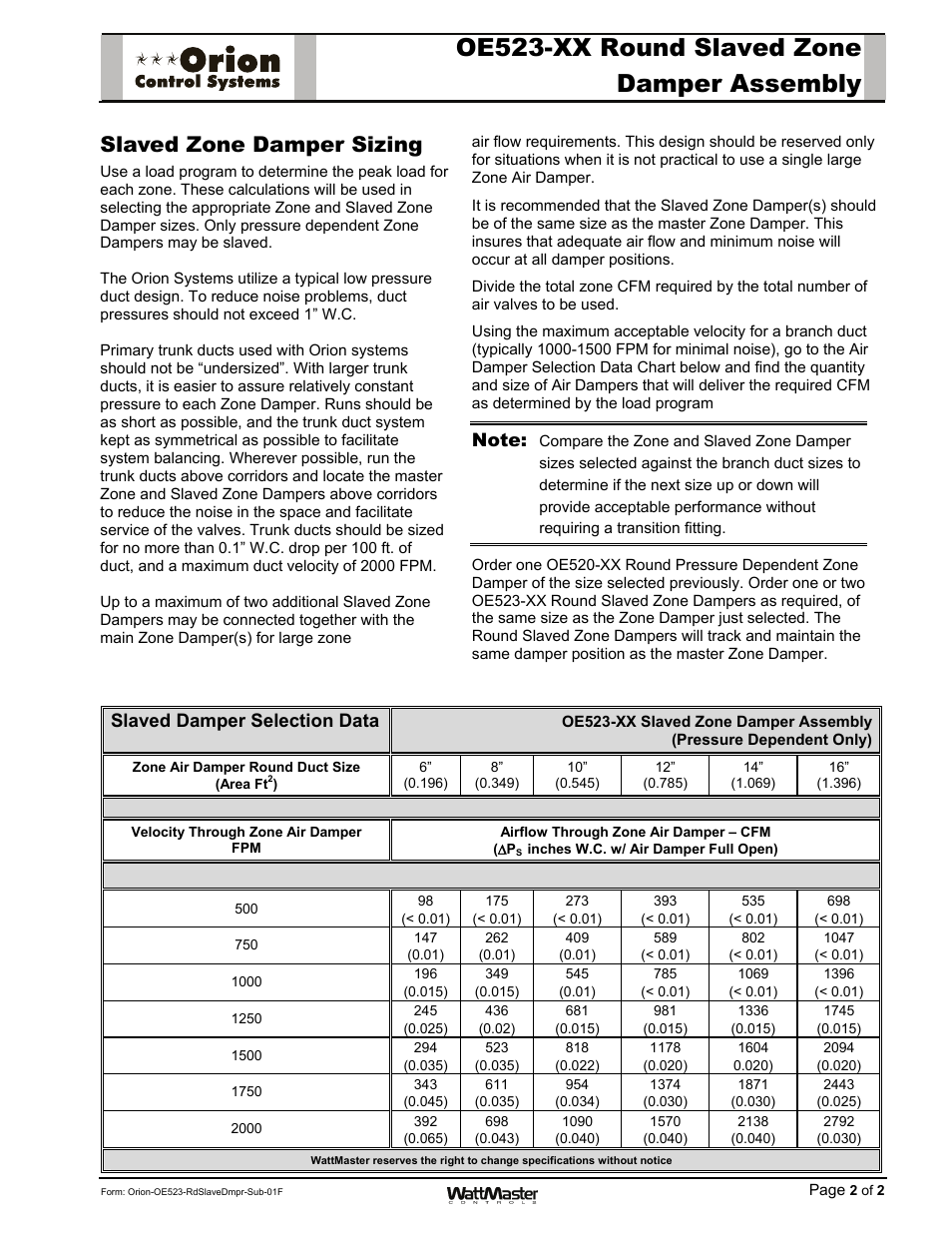 Oe523-xx round slaved zone damper assembly, Slaved zone damper sizing, Slaved damper selection data | Orion System OE742-XX-VAVZ User Manual | Page 19 / 40