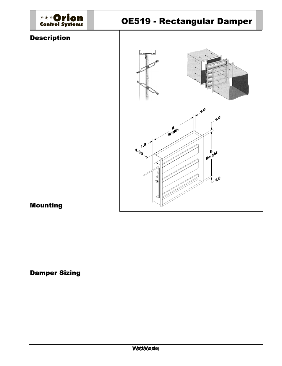 Orion-oe519-rectdmpr-sub-01b, Oe519 - rectangular damper, Description | Mounting, Damper sizing | Orion System OE742-XX-VAVZ User Manual | Page 24 / 40