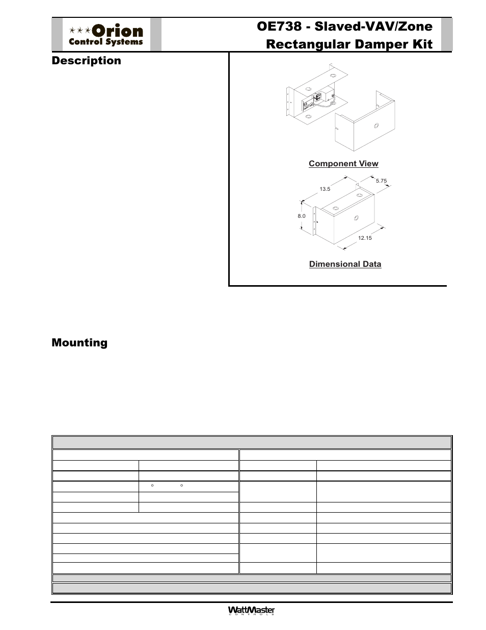 Orion-oe738-rectslzzonekit-sub-01b, Oe738 - slaved-vav/zone rectangular damper kit, Description | Mounting, Technical data | Orion System OE742-XX-VAVZ User Manual | Page 28 / 40