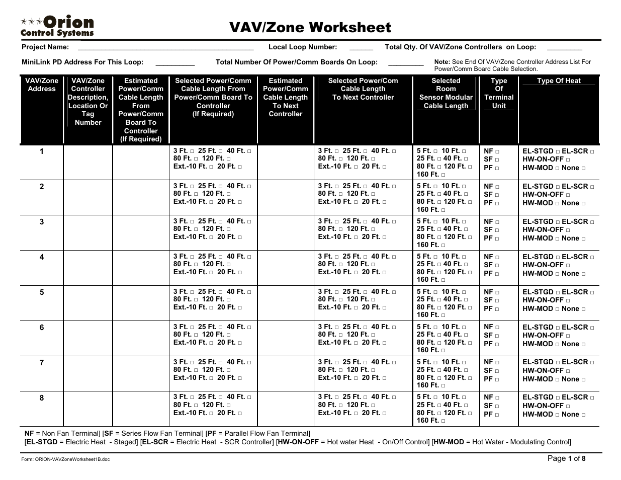 Orion-vavzoneworksheet1b, Vav/zone worksheet | Orion System OE742-XX-VAVZ User Manual | Page 33 / 40