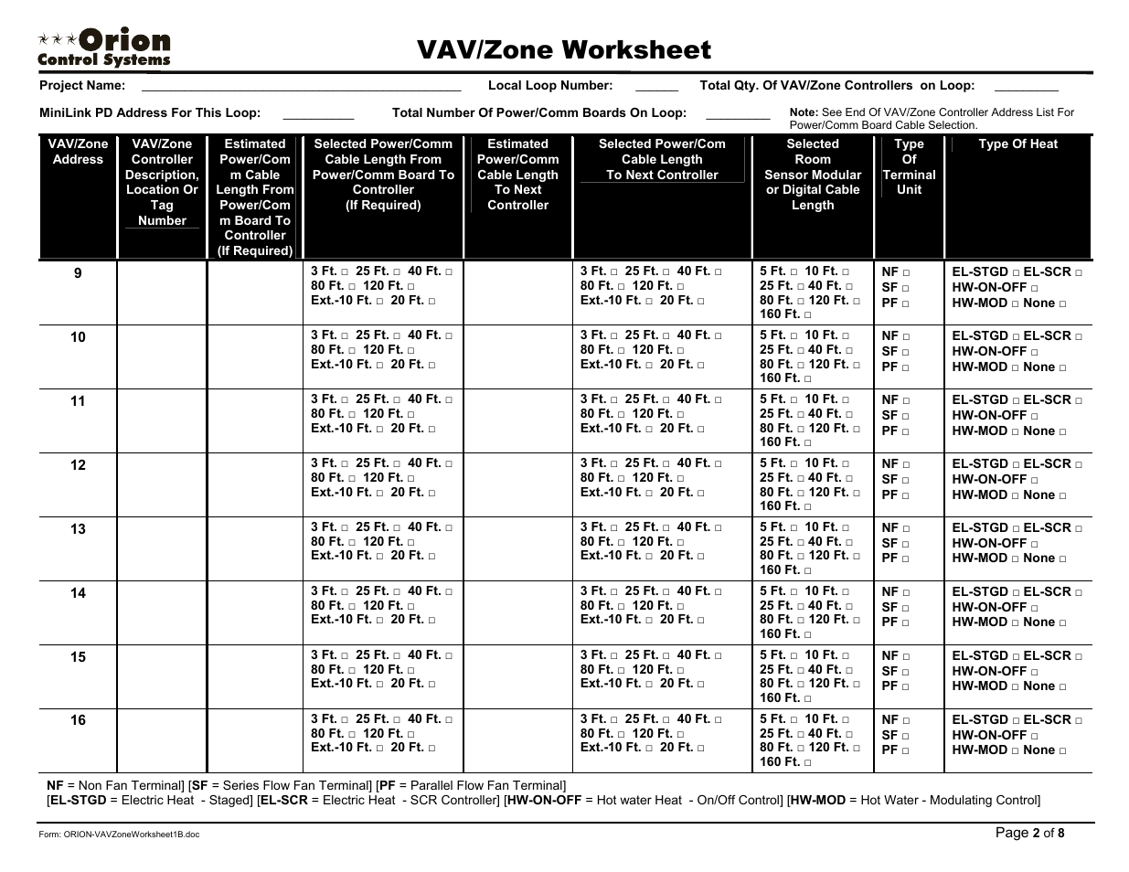 Vav/zone worksheet | Orion System OE742-XX-VAVZ User Manual | Page 34 / 40