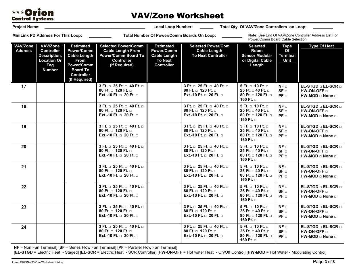 Vav/zone worksheet | Orion System OE742-XX-VAVZ User Manual | Page 35 / 40