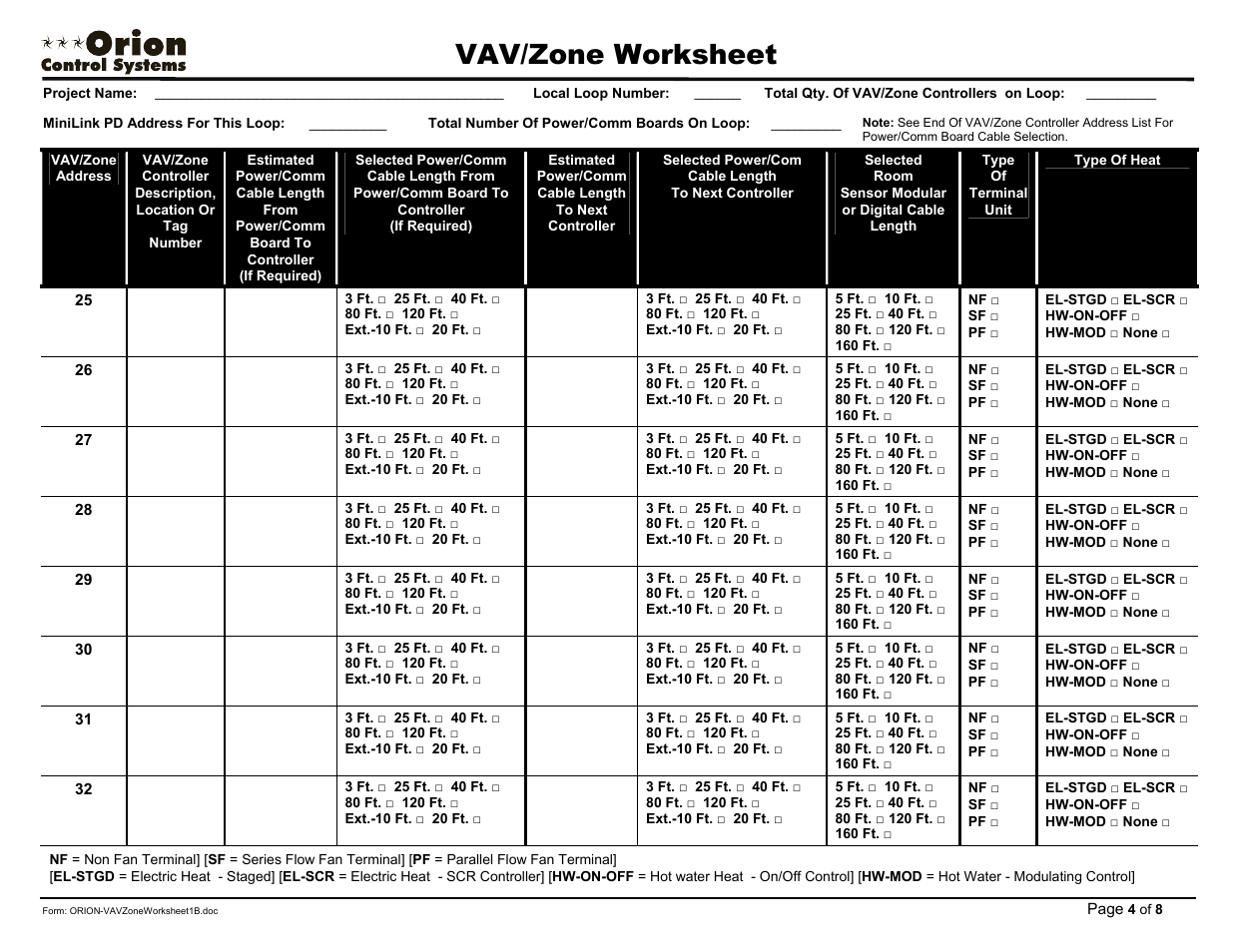 Vav/zone worksheet | Orion System OE742-XX-VAVZ User Manual | Page 36 / 40