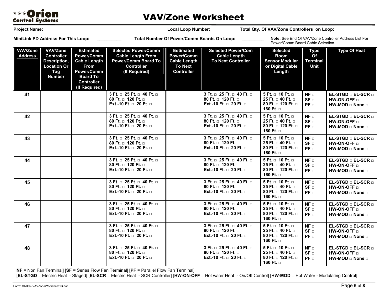 Vav/zone worksheet | Orion System OE742-XX-VAVZ User Manual | Page 38 / 40