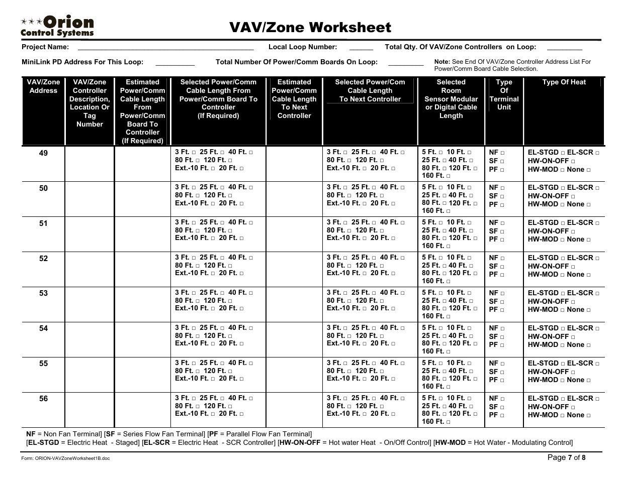 Vav/zone worksheet | Orion System OE742-XX-VAVZ User Manual | Page 39 / 40