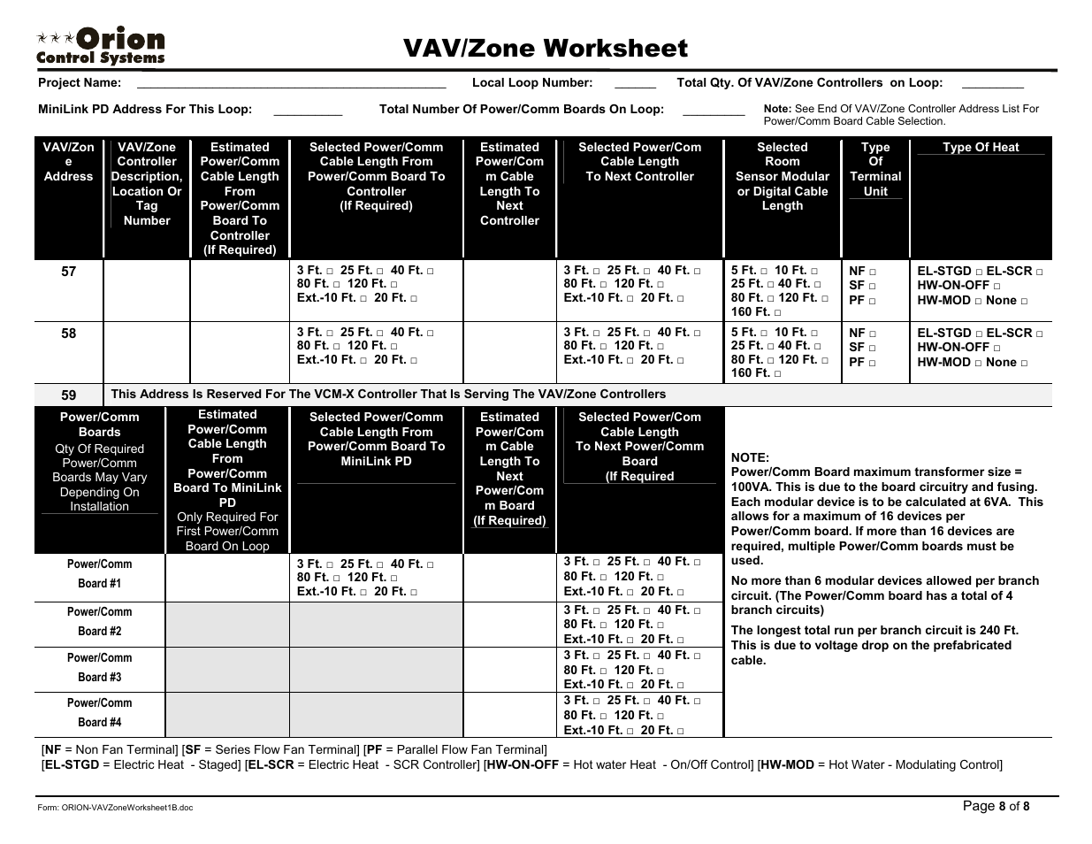 Vav/zone worksheet | Orion System OE742-XX-VAVZ User Manual | Page 40 / 40