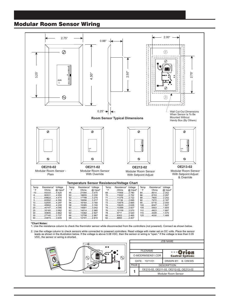 Miscellaneous diagrams and technical information, Modular room sensor wiring, Vcm-x component & systems wiring 116 | Temperature sensor resistance/voltage chart, Room sensor typical dimensions | Orion System VCM-X E-BUS Component User Manual | Page 116 / 128