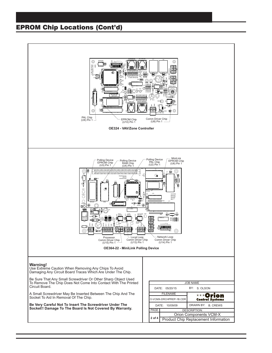 Vcm-x component & systems wiring 118, Warning, Oe324 - vav/zone controller | 2 of 4, Pal chip (u9) pin 1 | Orion System VCM-X E-BUS Component User Manual | Page 118 / 128