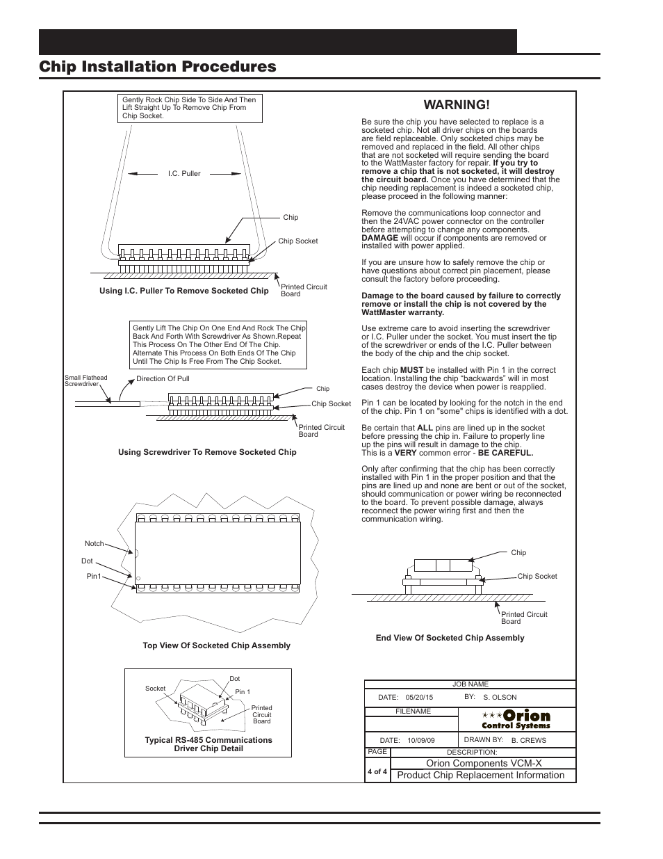 Vcm-x component & systems wiring 120, Warning, Figure 94: eprom chip installation instructions | Orion System VCM-X E-BUS Component User Manual | Page 120 / 128