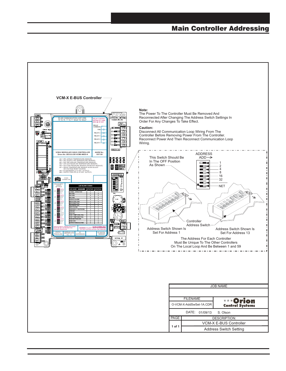 Vcm-x e-bus controller wiring, Main controller addressing, Vcm-x component & systems wiring | Figure 13: vcm-x e-bus controller addressing, Address switch setting, Vcm-x e-bus controller, Filename date: s. olson description: page, O-vcm-x-addswset-1a.cdr, 1 of 1 | Orion System VCM-X E-BUS Component User Manual | Page 33 / 128