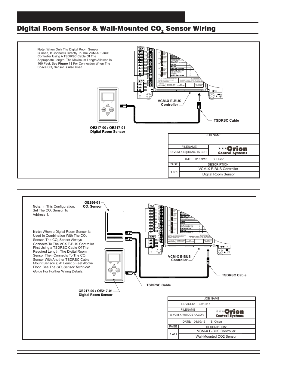 Vcm-x e-bus controller wiring, Digital room sensor & wall-mounted co, Sensor wiring | Vcm-x component & systems wiring 34, Zone, Sensor, Digital room sensor, Vcm-x e-bus controller, Tsdrsc cable, Wall-mounted co2 sensor | Orion System VCM-X E-BUS Component User Manual | Page 34 / 128