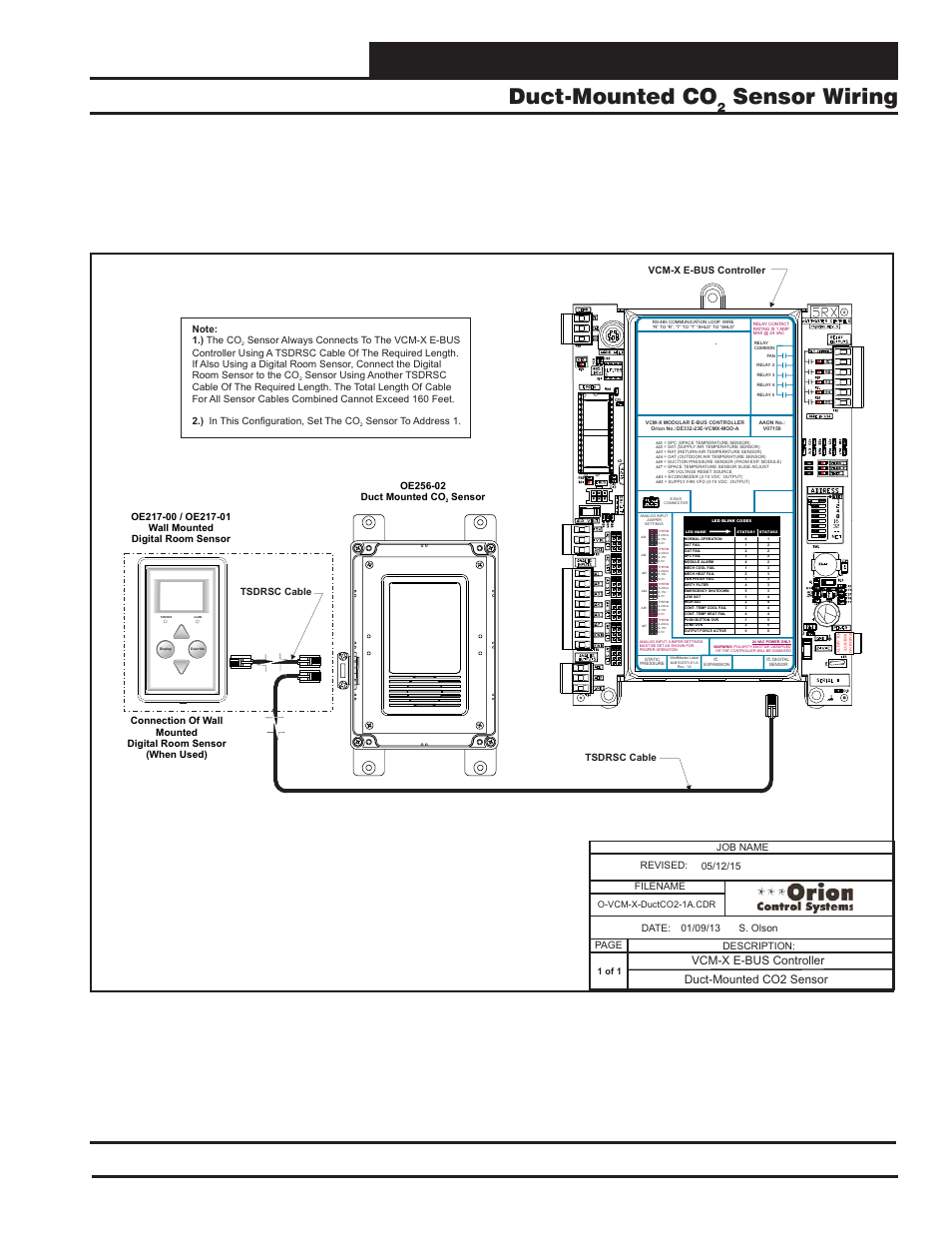 Vcm-x e-bus controller wiring, Duct-mounted co, Sensor wiring | Vcm-x component & systems wiring, Sensor, Duct-mounted co2 sensor, Vcm-x e-bus controller, Filename date: s. olson description: page, O-vcm-x-ductco2-1a.cdr, 1 of 1 | Orion System VCM-X E-BUS Component User Manual | Page 35 / 128