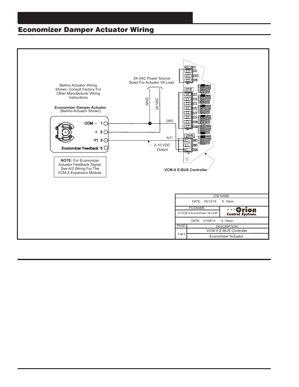 Vcm-x e-bus controller wiring, Economizer damper actuator wiring, Vcm-x component & systems wiring 38 | Zone, Figure 21: economizer damper actuator wiring | Orion System VCM-X E-BUS Component User Manual | Page 38 / 128