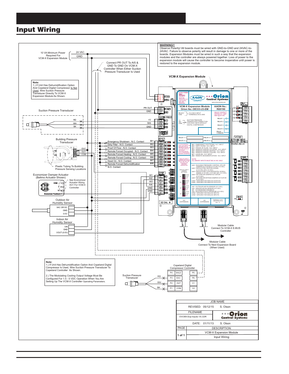 Vcm-x expansion module wiring, Input wiring, Vcm-x component & systems wiring 42 | Filename date: s. olson description: page job name, Vcm-x expansion module | Orion System VCM-X E-BUS Component User Manual | Page 42 / 128