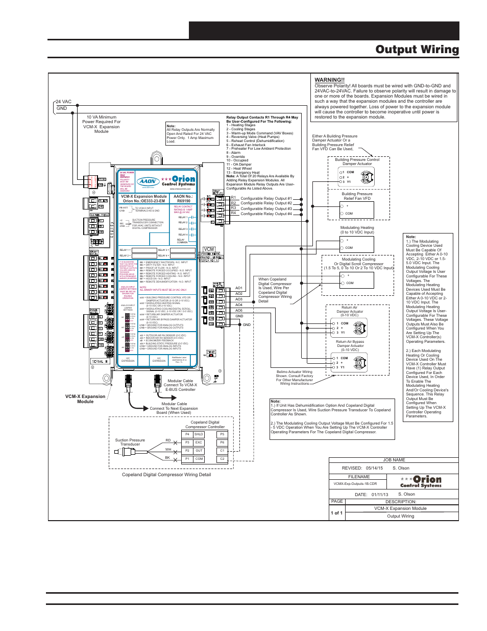 Vcm-x expansion module wiring, Output wiring, Vcm-x component & systems wiring | Warning, 24 vac gnd, Copeland digital compressor wiring detail, Vcm-x expansion module | Orion System VCM-X E-BUS Component User Manual | Page 43 / 128