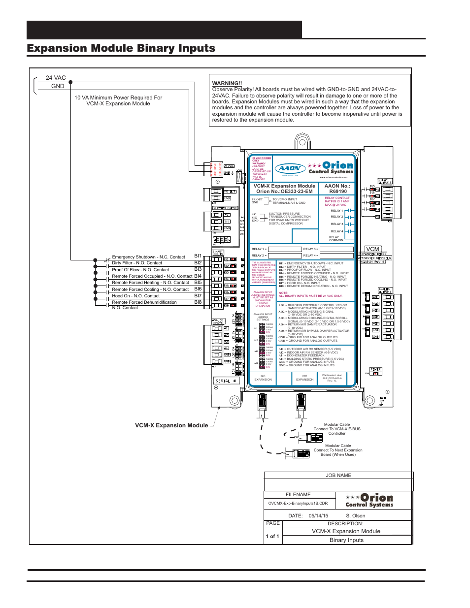 Vcm-x expansion module wiring, Expansion module binary inputs, Vcm-x component & systems wiring 46 | 24 vac gnd vcm-x expansion module, Vcm-x expansion module binary inputs, Filename date: s. olson description: page job name | Orion System VCM-X E-BUS Component User Manual | Page 46 / 128