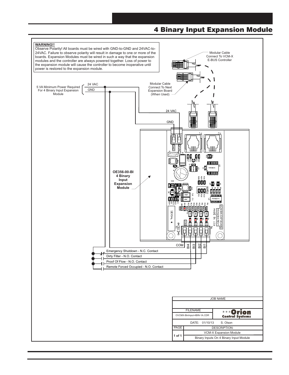 Vcm-x expansion module wiring, 4 binary input expansion module, Vcm-x component & systems wiring | Orion System VCM-X E-BUS Component User Manual | Page 47 / 128