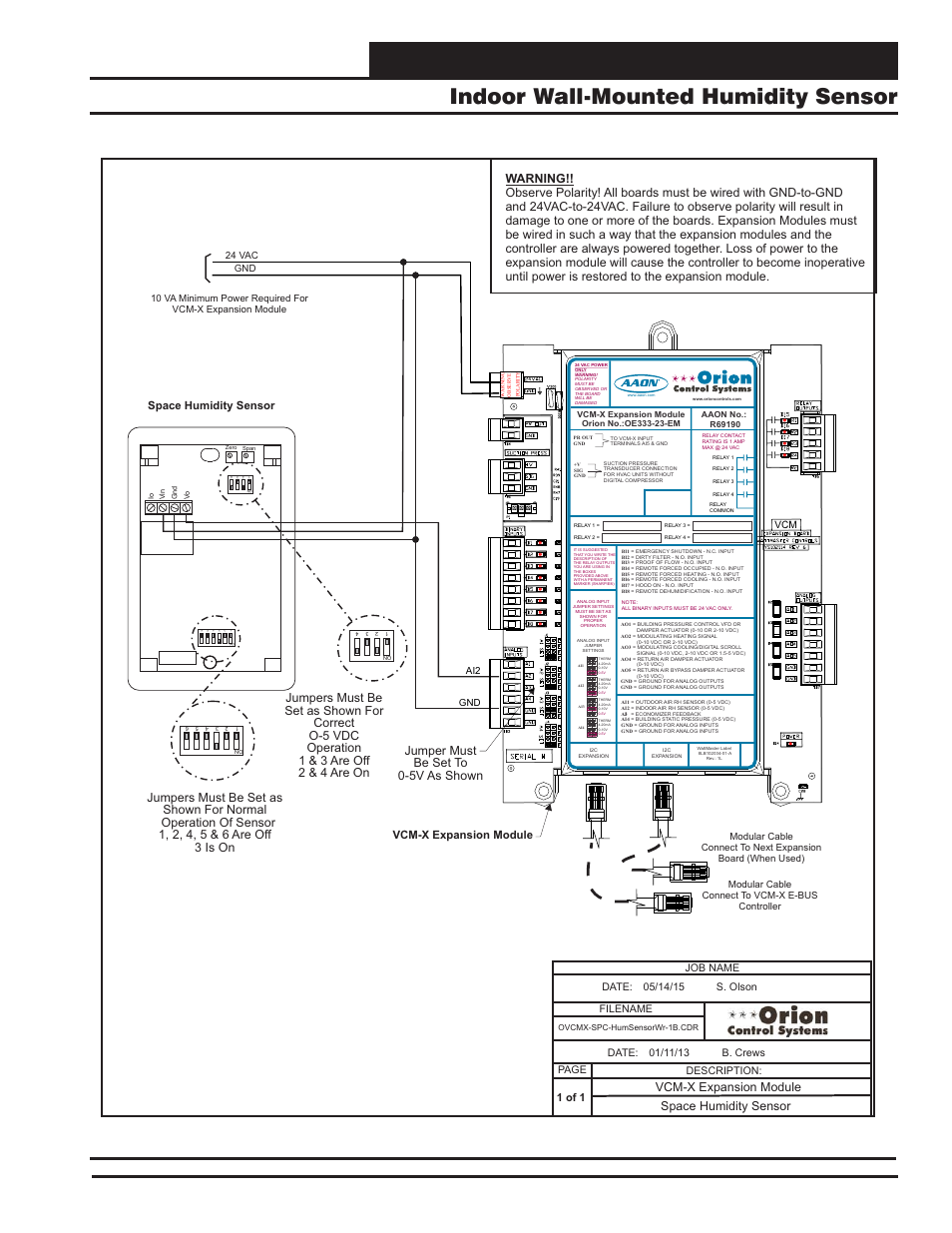 Vcm-x e-bus controller wiring, Indoor wall-mounted humidity sensor, Vcm-x component & systems wiring | Vcm-x expansion module space humidity sensor, 1 of 1, Space humidity sensor vcm-x expansion module, Filename date: b. crews description: page job name | Orion System VCM-X E-BUS Component User Manual | Page 49 / 128